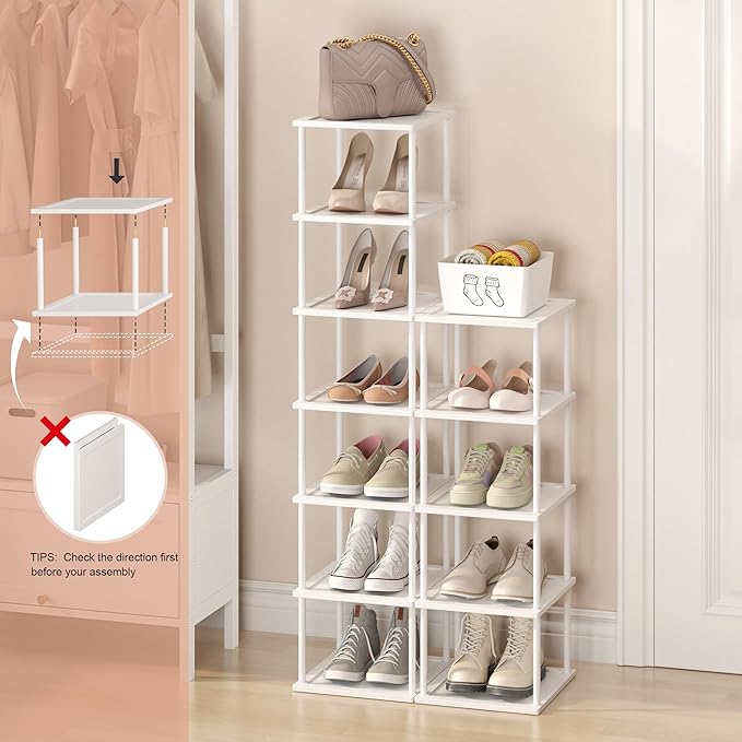 MHXW SXPN Bamboo Free Standing Shoe Rack Shelf Multi Tier Tall Wooden Stackable Shoes Rack Organizer for Closet Front Door Entrance Narrow Vertical Shoe Storage (White, 12 Tiers)