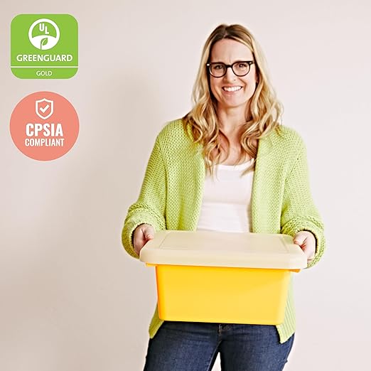 ECR4Kids Stackable Square Bins with Non-Snap Lids, Multipurpose Organization, Yellow, 4-Pack