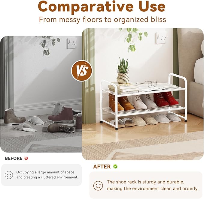 Shoe Rack for Closet, 2 Tier Heavy Duty Metal Shoe Shelf for Entryway, Stackable, White