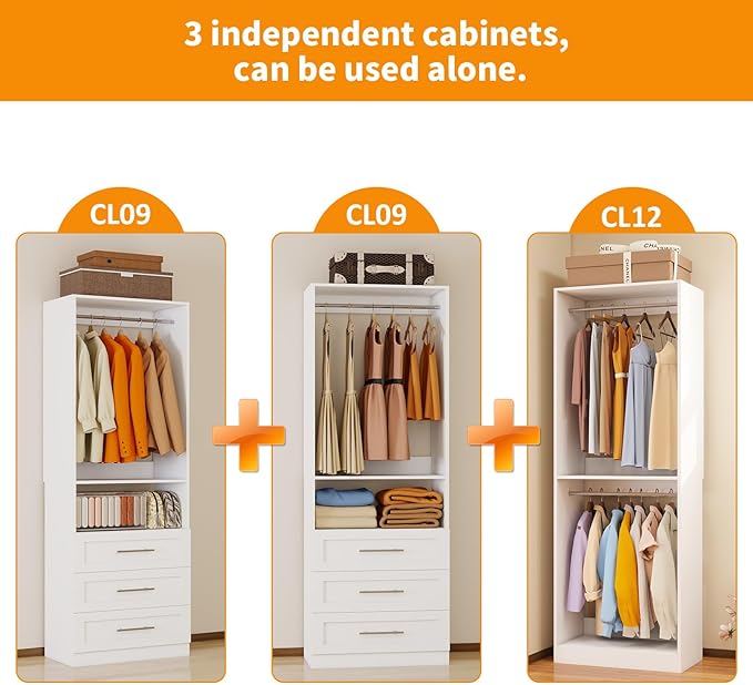 Closet System with 3 Sets, 6FT Closet Organizer Storage Systems with 6 Wooden Drawers & 7 Hanging Rods, Walk-in Closet Corner Closet System Modular Closet System White (6FT)