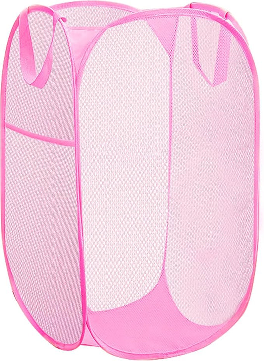 Portable Mesh Pop Up Laundry Hamper Pink Vertical Collapsible Laundry Basket With Strong Handles for Easy Storage, Suitable for Bedroom, College Dorms, Travel, RV