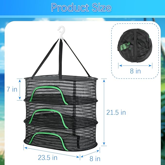Hanging Drying Rack, Foldable Mesh Drying Net 3 Layers Hanging Dry Basket with Zipper Air Breathable Hang Rack Fish Net for Indoor Outdoor Garden Flower Plants Seeds Fish