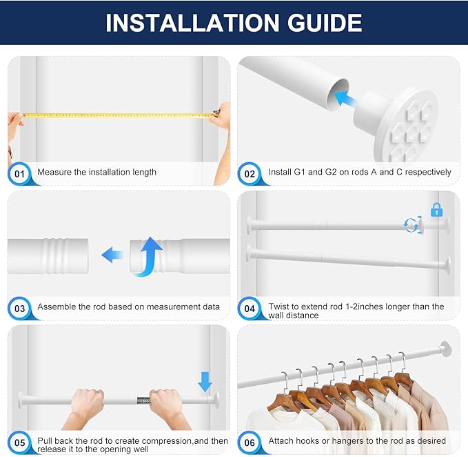 No Drilling Closet Rod, 27.5-39 Inches Hanging Closet Rod for Clothes, Closet Bar & Pole Heavy-duty, Closet Rods for Hanging Clothes For Closet Wardrobes Bathroom Laundry RV Curtains,White