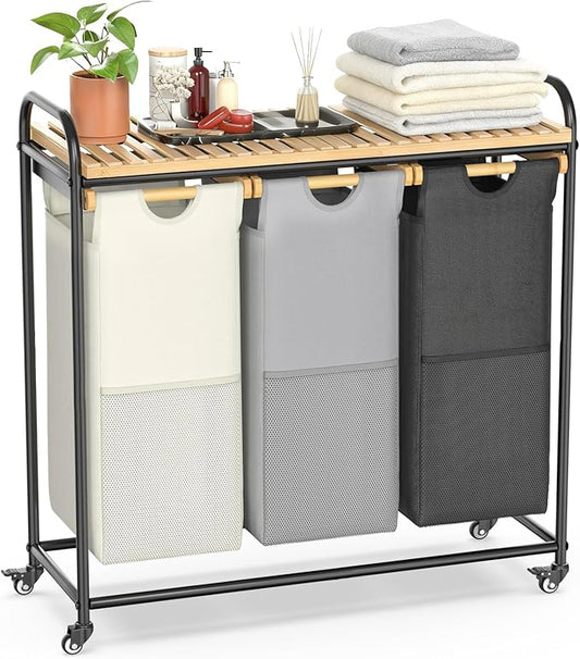BambooHomie Laundry Hampers 3 Section, Laundry Sorter with Removable Shelf and Pull-Out Bags, Rolling Cart Clothes Hampers Basket with Wheels for Laundry Room Bathroom, 3 x 45 L (Black Beige Gray)