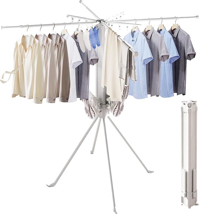 Foldable 4-Legged Clothes Drying Rack, Extra Stable Heavy Duty Laundry Drying Rack with Sock Clips & Shoe Holders, Large Capacity Collapsible Drying Stand for Indoor Outdoor Use