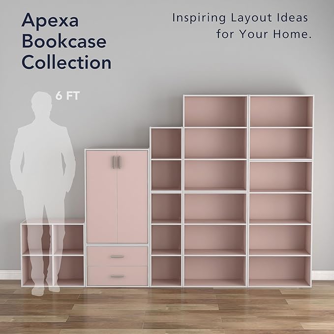 Homes: Inside + Out Apexa 4-Tier Cube Storage Organizer Shelves, Stackable Wood Bookcase Fits Cubby Bins for Organization, Dorm Teen Room Decor & Home Office, Light Pink