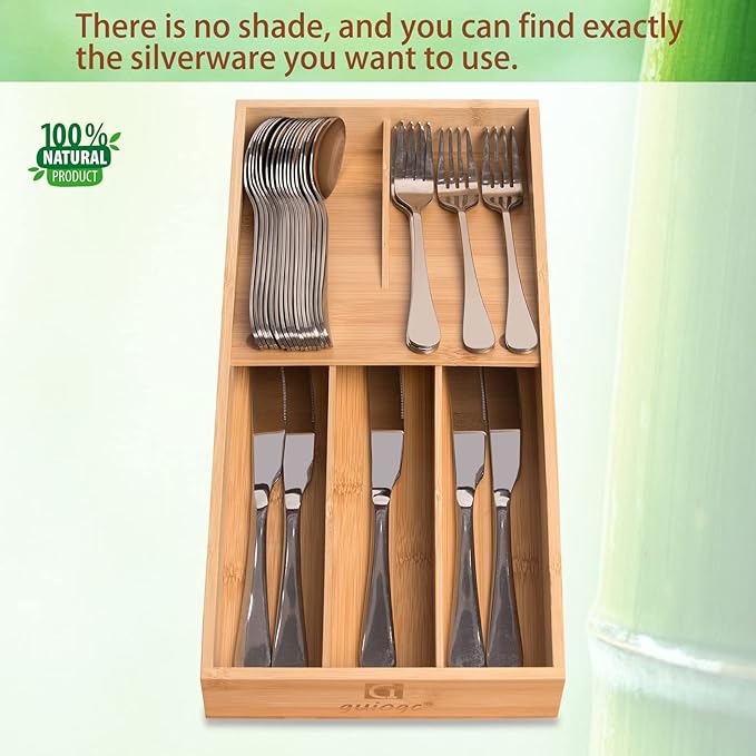 guiogc Bamboo Silverware Organizer, Kitchen Silverware Drawer Organizer, Utensil Tray Holder, Cutlery Tray for Spoons, Forks, Knives