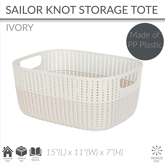 Simplify 2 Tone Sailor Knot Plastic Storage Tote | Decorative Basket | Closet Organization | De-clutter | Accessories | Toys | Bathroom Organization | Large | Ivory