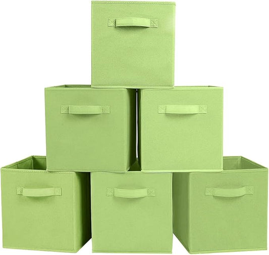 PowerKing Collapsible Storage Cubes with Handles, Fabric Foldable Bins for Closet Shelves, Durable Organization Storage Bins, 10.5'' x 11'' x 10.5'', 6 Pack, Green