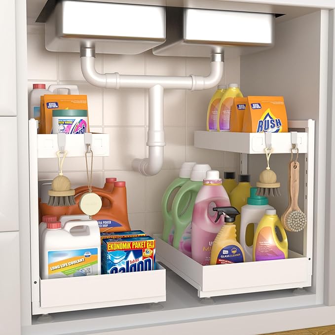 TATAANTY Under Sink Organizer 2 Pack, 2 Tier Metal Under the Sink Storage, Heavy Duty Slide out Pull out Cabinet Organizer, Height Adjustable Pull Out Cabinet Organizer for Kitchen Bathroom