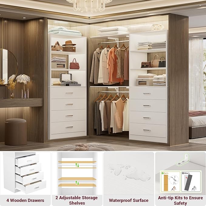 Aheaplus Closet Drawers Organizer System, 3.54FT Wood Closet System with 4 Drawers, Modular Walk-in Closets Storage Unit, Tall Bookshelf Storage Cabinet, White (2 Packs)