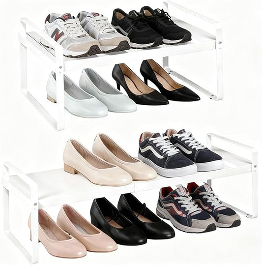 1-Tier Expandable Metal Shoe Rack (H:7"), Adjustable Long 14.17"–25.2", Heavy-Duty Free-Standing Shoe Shelf for Closet, Entryway & Small Spaces(1PCS/White)