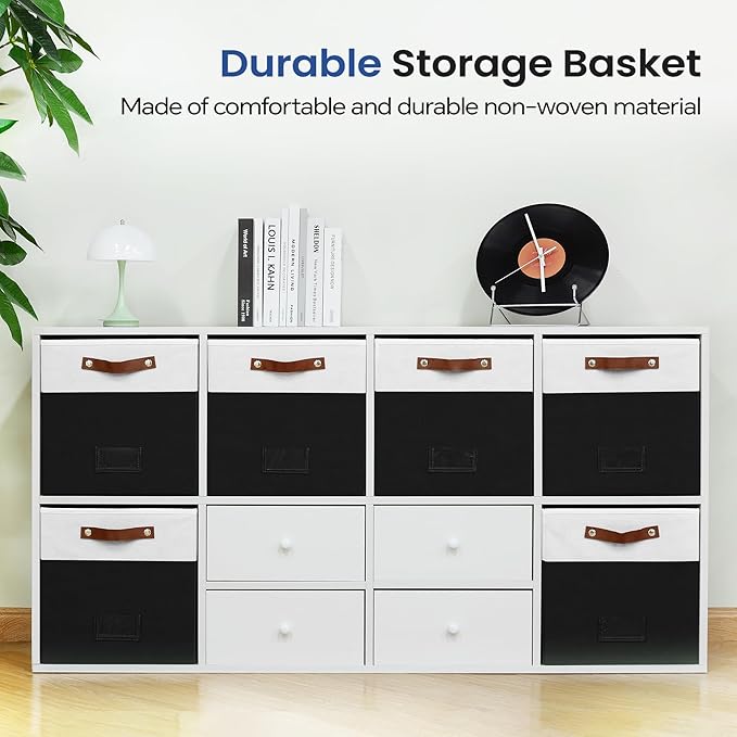 FinishingBo 6-Pack Storage Cubes with Handles & Label Holders Basket, Closet Cube Home Organizer Bins(White/Black, 13 x 13 x 13 inch)