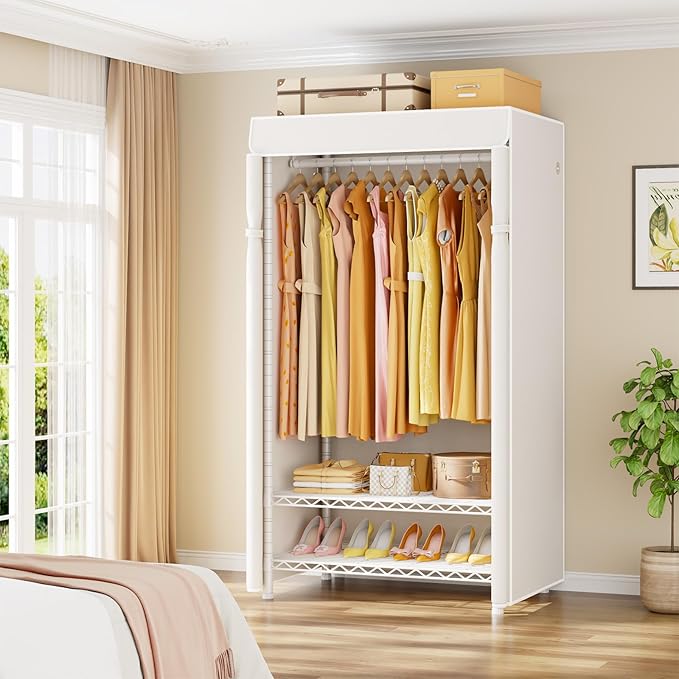 ULIFHOME H5C Clothes Rack with Cover, Portable Closet for Hanging Clothes, Covered Clothing Racks Heavy Duty, Freestanding Garment Racks with Shelves Max Load 360LBS White Closet Rack with White Cover
