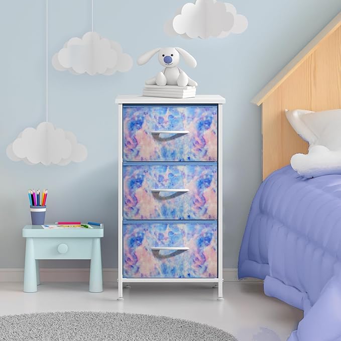 Sorbus Nightstand with 3 Drawers - Bedside Furniture & Accent End Table Chest for Home, Bedroom, Office, College Dorm, Steel Frame, Wood Top, Easy Pull Fabric Bins (3-Drawer, Blue Tie-dye)