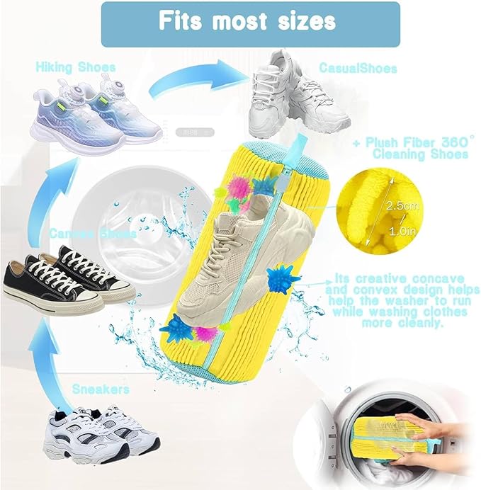 2 Pack Shoe Bag for Washing Machine, XXL 360° Protect Sneaker Laundry Bag for Shoes Reusable Durable Fibers Adjustable Washer Bag with Zipper for Tennis Gym Sneakers Shoe Dryer (Yellow)