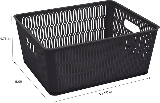 Simplify 4Pk Large Slide 2 Stack It Tote Basket | Storage & Organization | Open Bins with Stackable Capability | Bathroom | Crafts | Pantry | Playroom | Office | Black (KIT-25930-BLK-4PK)