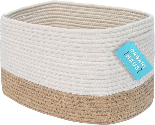 OrganiHaus Cotton Rope Basket for Shelf - Woven Storage Basket for Organizing, Closet & Toy Storage - Honey/Off-White - 15x9x10