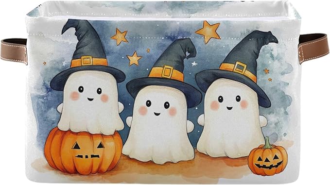 xigua Cute Cartoon Ghosts Storage Basket Foldable Storage Bin, Canvas Rectangular Storage Basket with Leather Handles for Home Closet & Office Decoration