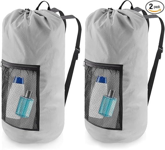 Olosar Laundry Bag Backpack, 2PCS Extra Large Travel Laundry Bag with Mesh Pocket & Adjustable Shoulder Straps,Dirty Clothes Travel Bag for College Students Dorm,Apartment(Light Gray)