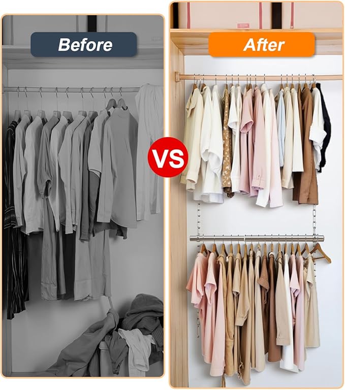 Hanging Closet Rod, Adjustable Width and Height Closet Rods Extender, 17-52inch Heavy-Duty Stainless Steel Bar, Space-Saving Closet Rod Hanging Clothes, 2Pack(Silver)