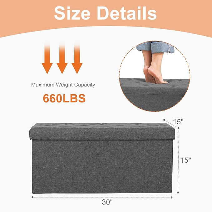 DUMOS 30in Storage Ottoman Bench, Storage Chest, End of Bed Foot Rest Stool with Padded Seat, Bedroom Bench for Living Room, Bedroom, Support 660lbs, Grey
