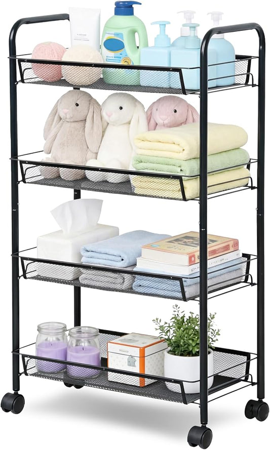 LOFTEY 4 Tier Rolling Storage Cart, Small Metal Utility Cart on Wheels, Rolling Organizer Carts for Kitchen, Bathroom, Laundry Room, Office, Easy No-Tool Assembly, Black