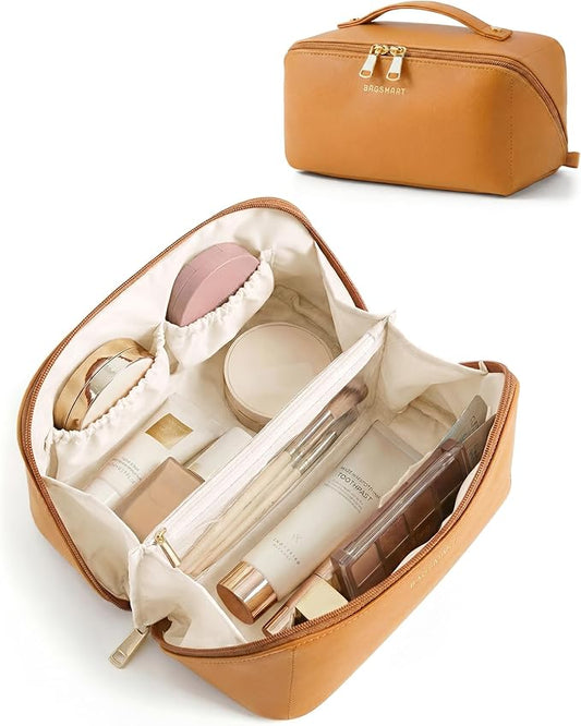 BAGSMART Makeup Bag Travel Cosmetic Bag, Large Make Up Bag Flat Open Toiletry Bag for Women, PU Leather Travel Essentials Organizer Case, Wide-open Pouch Purse for Skincare, Brushes, Ginger Yellow