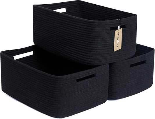 MiniArk Large Storage Baskets for Shelves, Closet Organizers Bins for Clothes Blanket Towels, Baby Nursery, Toy Baskets Box, Woven Rope Baskets, 17 x 13 x 7.5”, 3 Packs Black