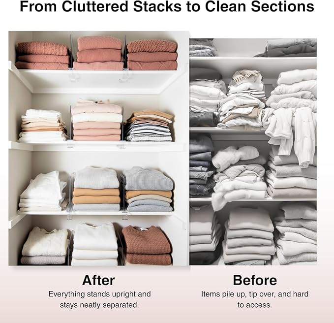SortNStore Shelf Dividers Purse Organizer for Closet: 8-Pack Acrylic Bag Storage Organizer for Handbags, Clutches, Clothes, Sweater, Towel on Wood Shelves