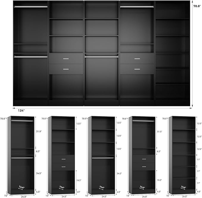 VOWNER 25'' Freestanding Closet System with Shelves, Wood Closet Organizer System with Hanging Rods, Walk-in Closet Tower, Clothes Garment Rack, Wardrobe Closet for Bedroom Entryway