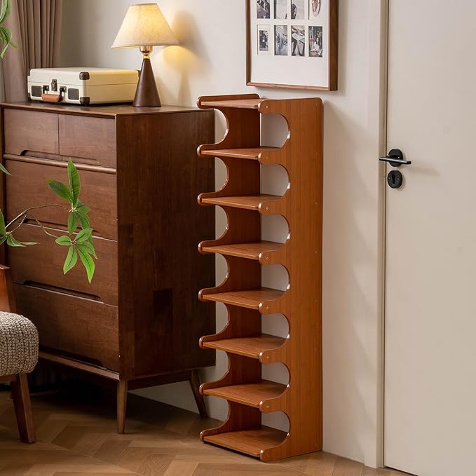 Tall Narrow Solid Wood Shoe Rack, 8 Tier Vertical Wooden Shoe Storage Tower, Freestanding Corner Multi-Layer Organizer for Entryway(12.6" L x 9.84" W x 44.1" H)