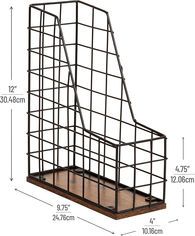 Mind Reader Vertical File Organizer with Wood Base and Black Metal Frame, Desktop Magazine Holder, Modern File Rack, Metal and Wood, Black