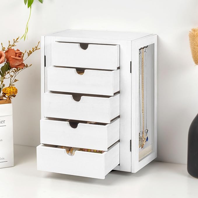 Emfogo 360° Rotating Jewelry Box for Women, Vintage Wooden Large Jewelry Organizer with 5 Drawers, Glass Doors, Vertical Open Design Jewelry Organizers and Storage for Earring Ring Necklace Bracelet