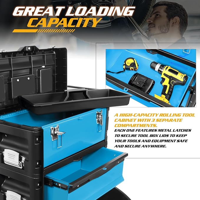 Magshion Heavy-Duty Rolling Tool Box, 3-Tier Stackable Tool Chest System with Wheels & Drawers, Modular Organizer for Small Parts and Tools, Mobile Garage Workshop Storage in Black/Blue