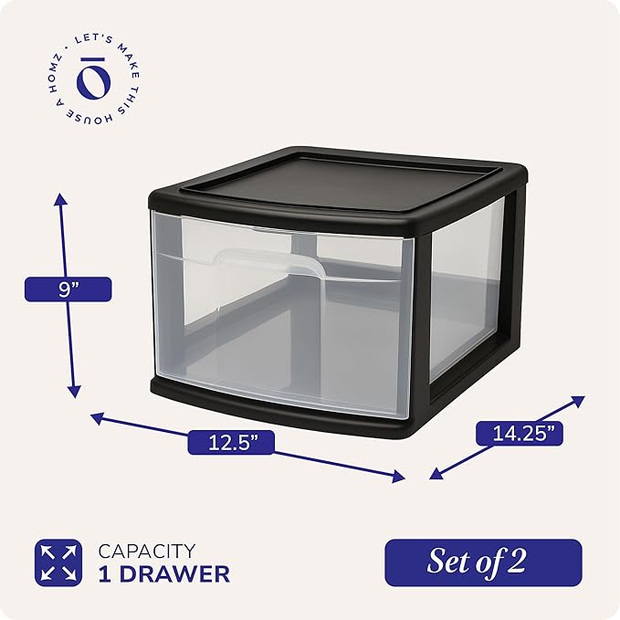 HOMZ 2-Pack 1-Drawer Storage Cart, Clear Plastic Container, 14.25" Wide Medium, Black Frame - Organizing Drawer Containers for Home, Bathroom, Bedroom, Office, and Classroom