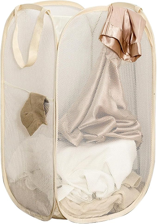 Pop Up Laundry Basket Folding Laundry Hamper Mesh Hamper Storage Bin for College Dorms, Travelling, Crusing, Camping, Beige