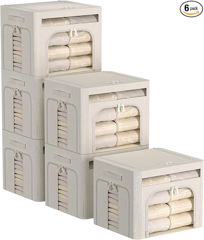 FHSQX 6 Pack Foldable Storage Bins for Clothes Clothes Storage Bins with Metal Frame Stackable Storage Box with Lid (Cream White, 16.5x12.2x12.2 inch (40L))