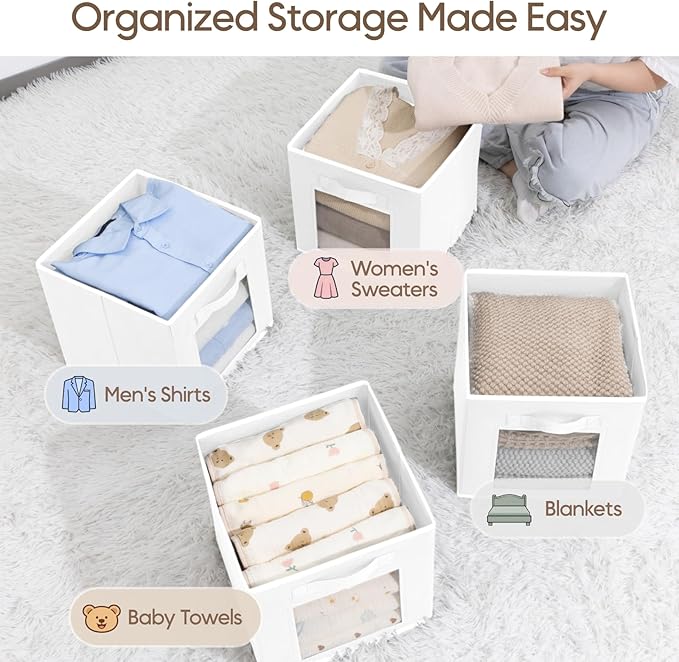 Homsorout Storage Cube 11 Inch - Cube Storage Bins with Window, Closet Storage Baskets with Handle, Fabric Bins for Closet, Shelves, Toys, Clothes, Set of 8, White