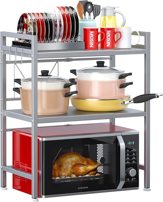 PUSDON 3-Tier Expandable Microwave Oven Rack, Countertop Baker's Rack Style Shelf, Heavy Duty Adjustable Stand with Hooks, 160lbs Capacity Appliance Match, Silver Gray