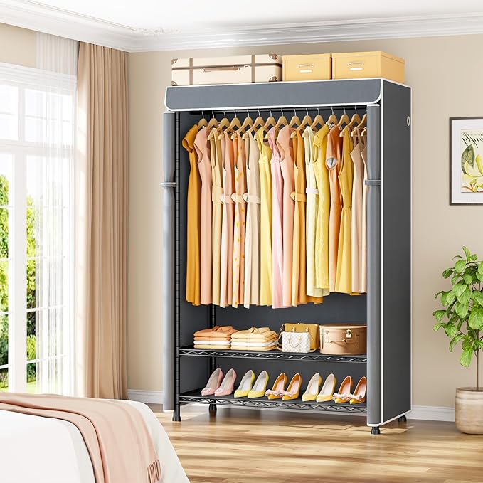 ULIFHOME H5C Plus Clothes Rack with Cover, Portable Closet for Hanging Clothes, Covered Clothing Racks Heavy Duty, 3-Tiers Garment Rack with Shelves Max Load 370LBS Black Closet Rack with Gray Cover