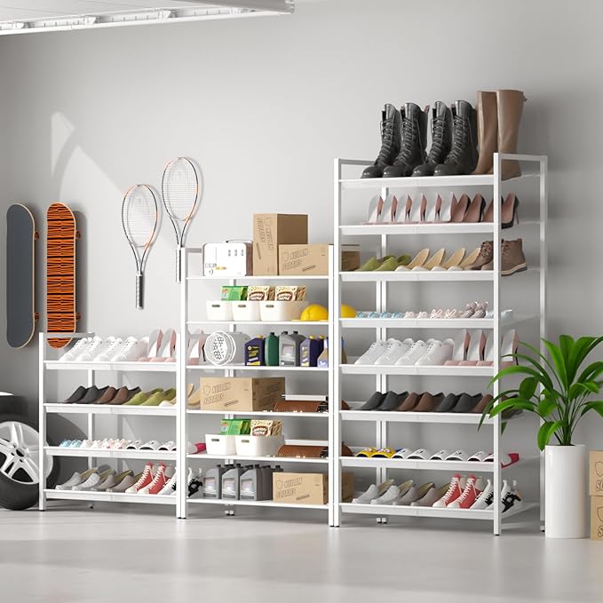 Metal Shoe Rack, 6-Tier Shoe Organizer for Entryway, Tall Shoes Stand with Angled Shelves, Holds 18-24 Pairs, Large Shoe Storage Shelf for Closet Garage Bedroom, White