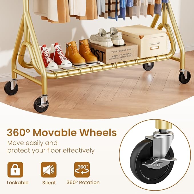 Double Rods Clothing Rack, Heavy Duty Clothes Rack for Hanging Clothes Load 560LBS, Metal Rolling Garment Racks with Wheels, Freestanding Clothes Hanging Racks, Gold