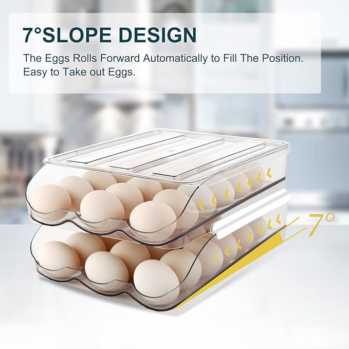 MesRosa Egg Holder for Fridge, Automatically Rolling Egg Storage Container for Refrigerator,Large Capacity Egg Organizer for Fridge with Lid,Clear Plastic Dispenser, Tray & Bin -2 Layer