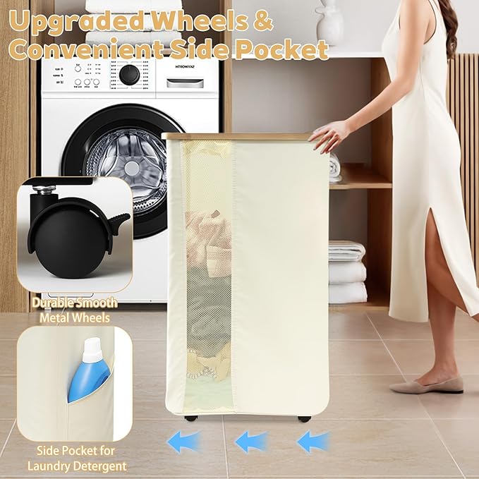 Rolling Laundry Hamper with Lid & Wheels, 110L Slim Double White Laundry Hamper 2 Section, Narrow Large Laundrys Hampers with Removable Bags&Breathable Mesh, Dirty Clothes Hampers for Bedroom