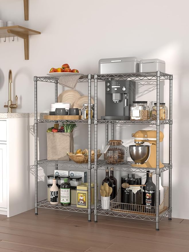 SINGAYE 4 Tier Shelf Adjustable Storage Shelf Wire Shelving 400LBS Load Capacity Metal Storage Rack for Kitchen Office Home Storage Pantry Room Silver 12" DX18 WX43.5 H