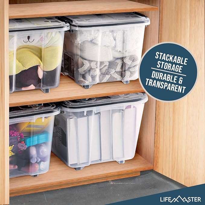 Lifemaster Stackable Storage Box Set - 6 Pieces 32 Quarts Multi-purpose, Space-Efficient Stackable Storage Boxes with Nestable Design, Secure Latches, Easy-Move Wheels & Pull-Out Base - Clear