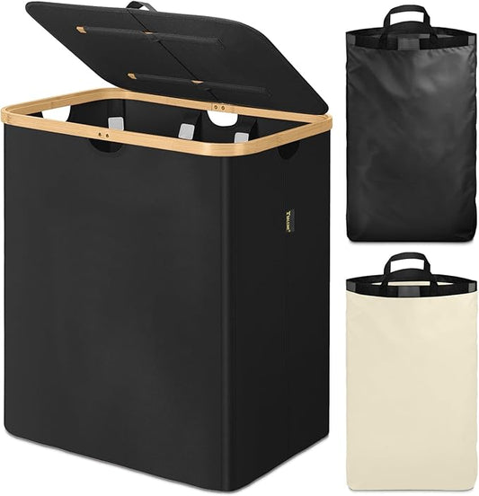 BALEINE Laundry Hamper with Lid, Tall Laundry Baskets with Bamboo Pull Handles, Large Laundry Bin with Internal Support (36 Gal/140L, Black)