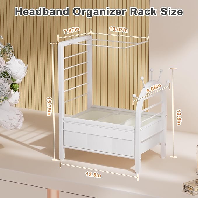 Headband Holder Organizer for Girls and Women - Versatile Hair Accessory Organizer for Dresser, Decorative Headband Storage Stand Rack for Scrunchies, Hair Ties, Claw Clip, Bow & Earrings (White)