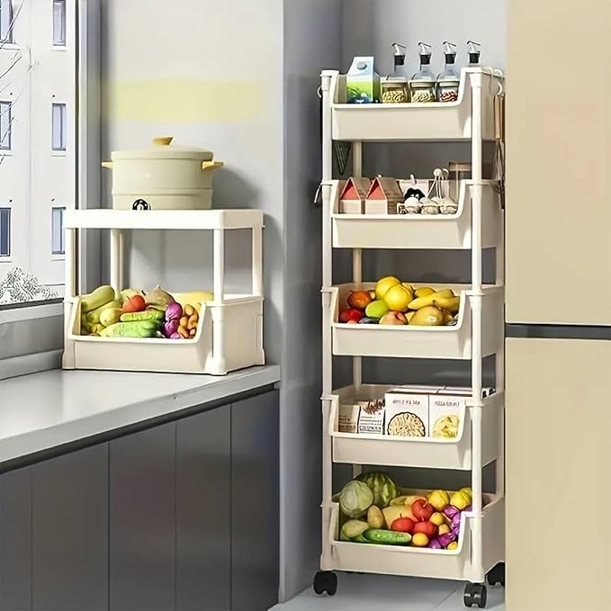 5-Tier Rolling Storage Cart - Multi-Level Metal Organizer with Wheels for Bedroom, Kitchen, Bathroom - Easy Assembly